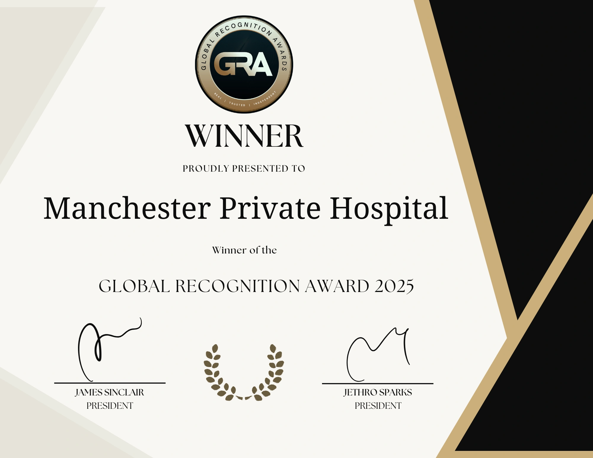 Manchester Private Hospital Global Recognition 2025 Certificate
