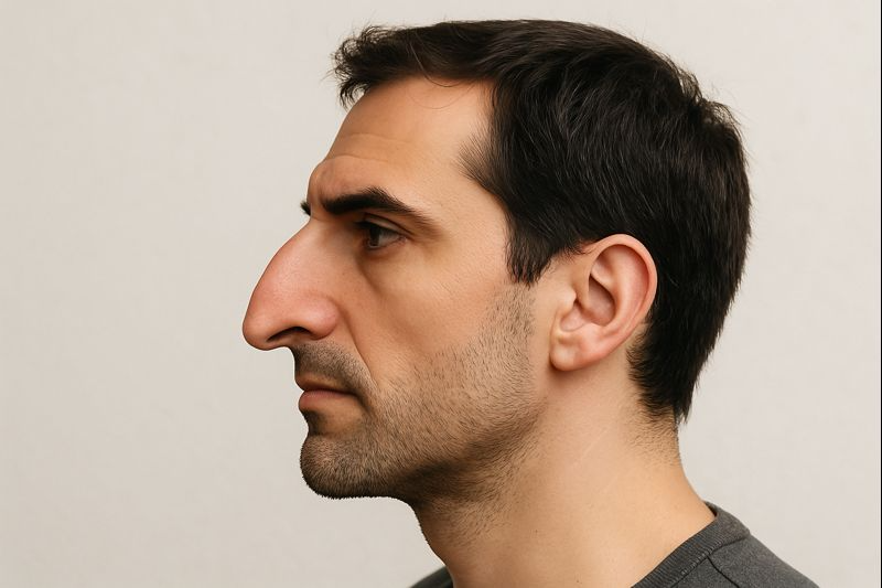 Side profile of a man with an arched hawk nose showing a curved nasal bridge and defined tip