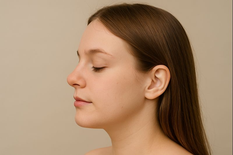 Side profile of a woman with a button nose featuring a small rounded nasal tip and soft contours