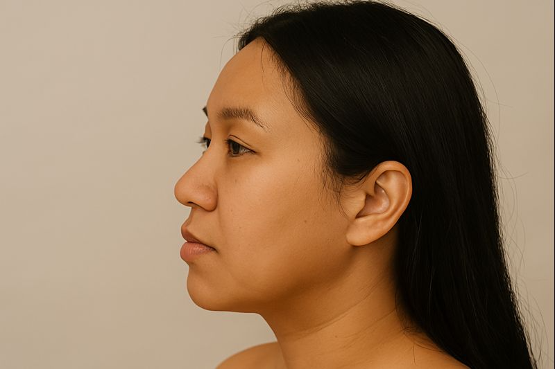 Side profile of a woman with a flat nose showing a low nasal bridge and wider base