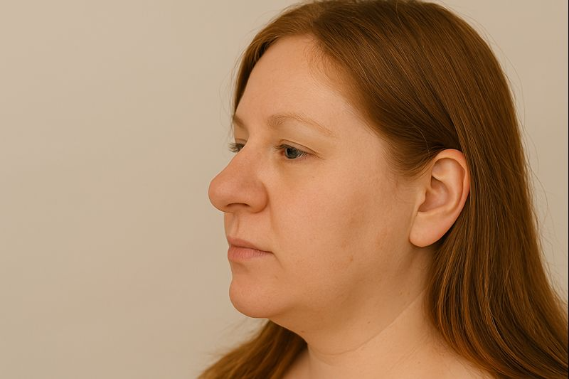 Side profile of a woman with a fleshy nose showing thicker skin and a softly defined nasal tip