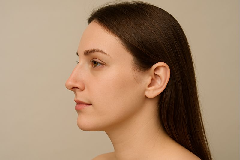 Side profile of a woman with a Grecian nose showing a straight nasal bridge and balanced facial proportions