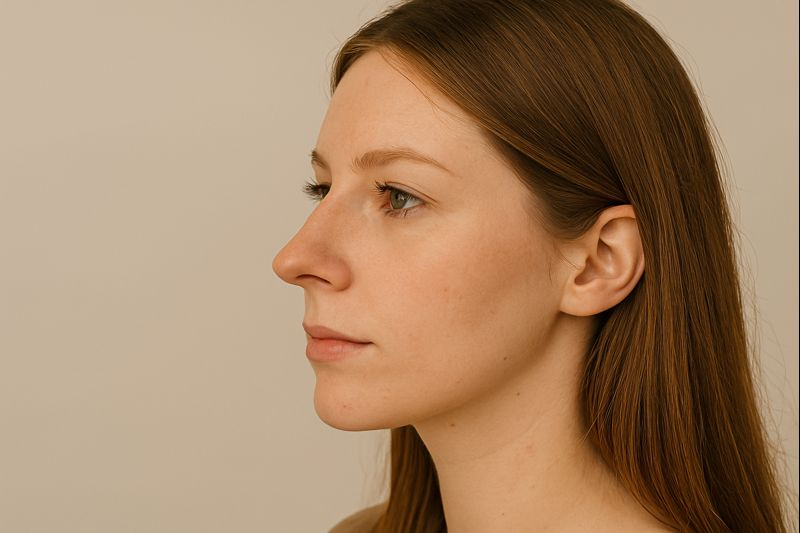 Side profile of a woman with a pointed nose showing a narrow, well-defined nasal tip