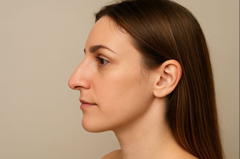 Side profile of a woman with a Roman nose showing a gently curved nasal bridge and defined profile