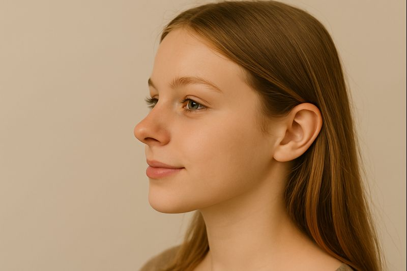 Side profile of a woman with a retrousse nose showing a short nose and gently upturned nasal tip