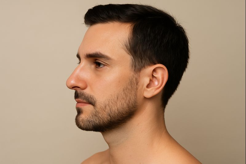 Side profile of a man with a straight nose showing a smooth nasal bridge and balanced facial proportions