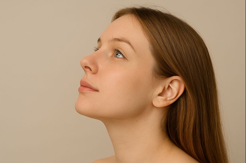 Side profile of a woman with an upturned celestial nose showing a gently lifted nasal tip