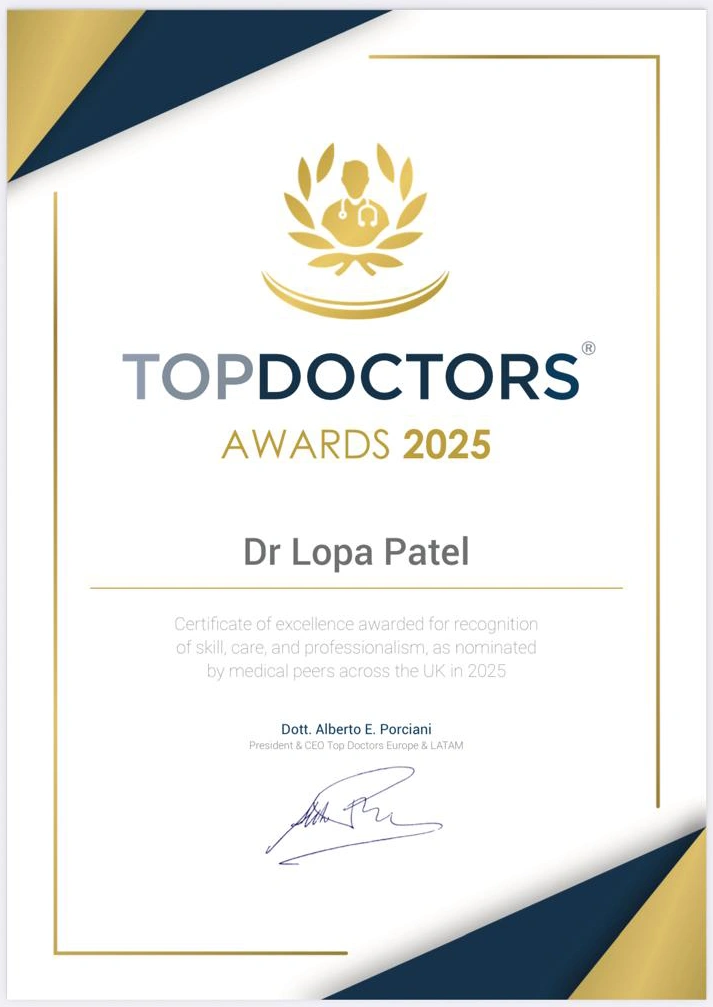 Dr Lopa Patel Top Doctors Awards 2025 Certificate